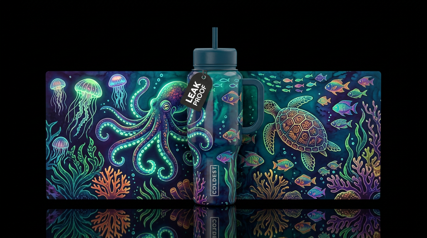 Dramatic batik undersea,whimsical, glossy,glowie, ... water bottle design