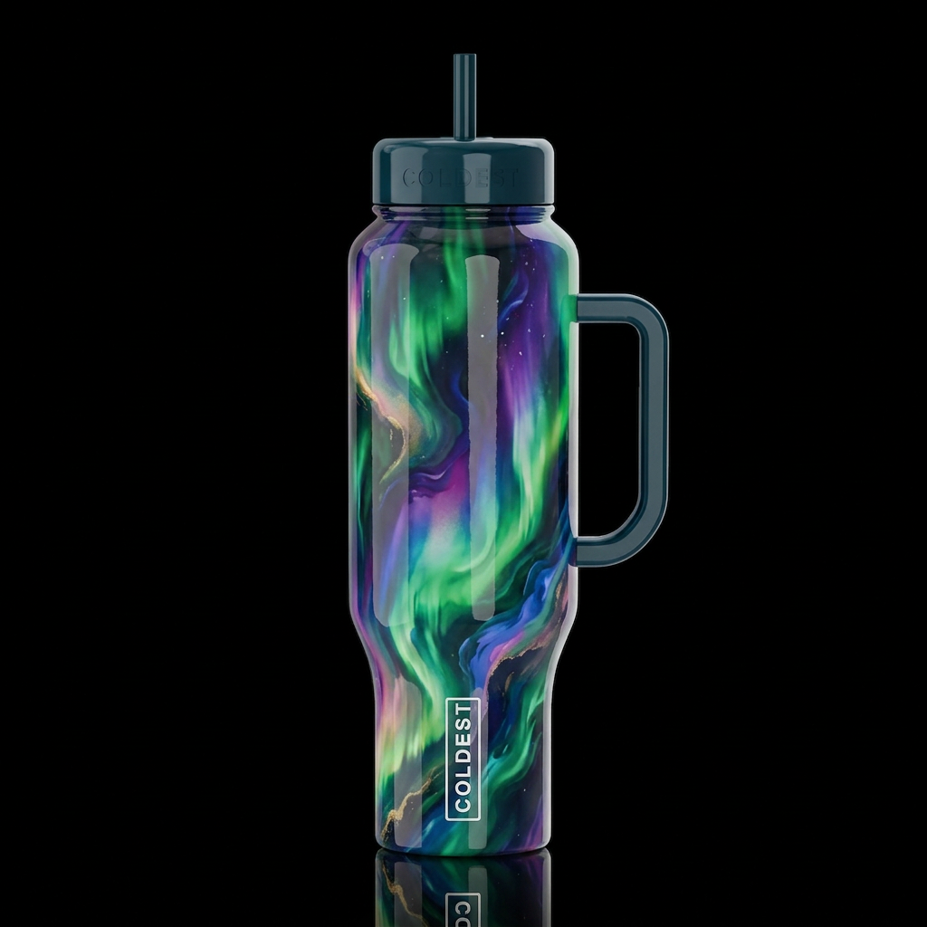 Dramatic aurora borealis, glossy, trompe-l'œil, be... water bottle design