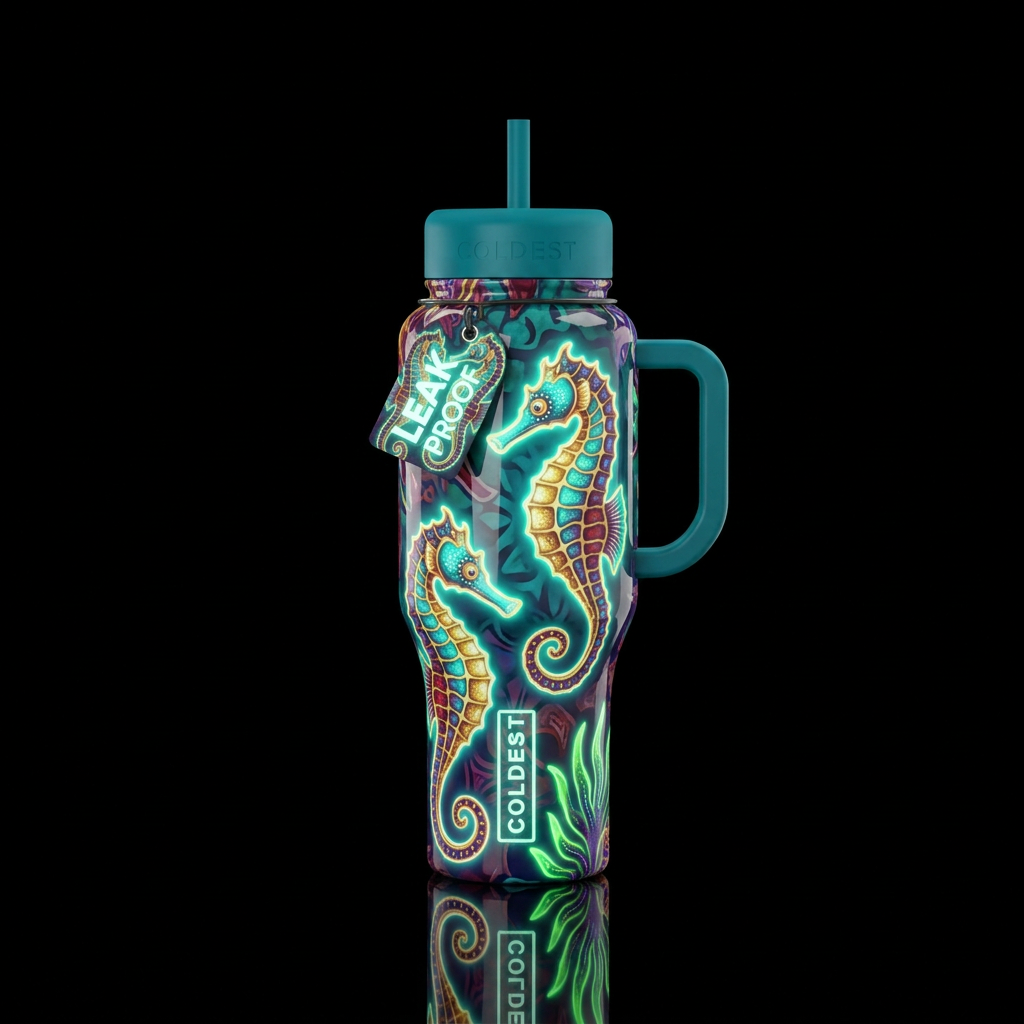 Batik sea horses,glossy, glowie,trompe-l'œil, beau... water bottle design