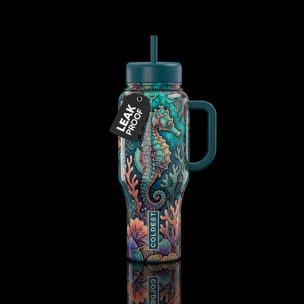 Batik sea horses,glossy, glowie,trompe-l'œil, beau... water bottle design