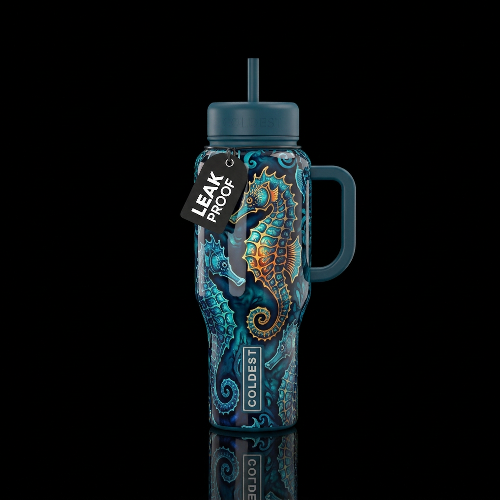 Batik sea horses,glossy, glowie,trompe-l'œil, beau... water bottle design