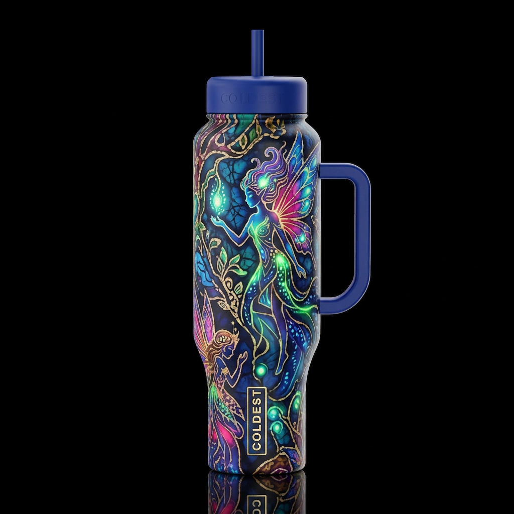 Whimsical batik faeries, glossy, glowie, trompe-l'... water bottle design