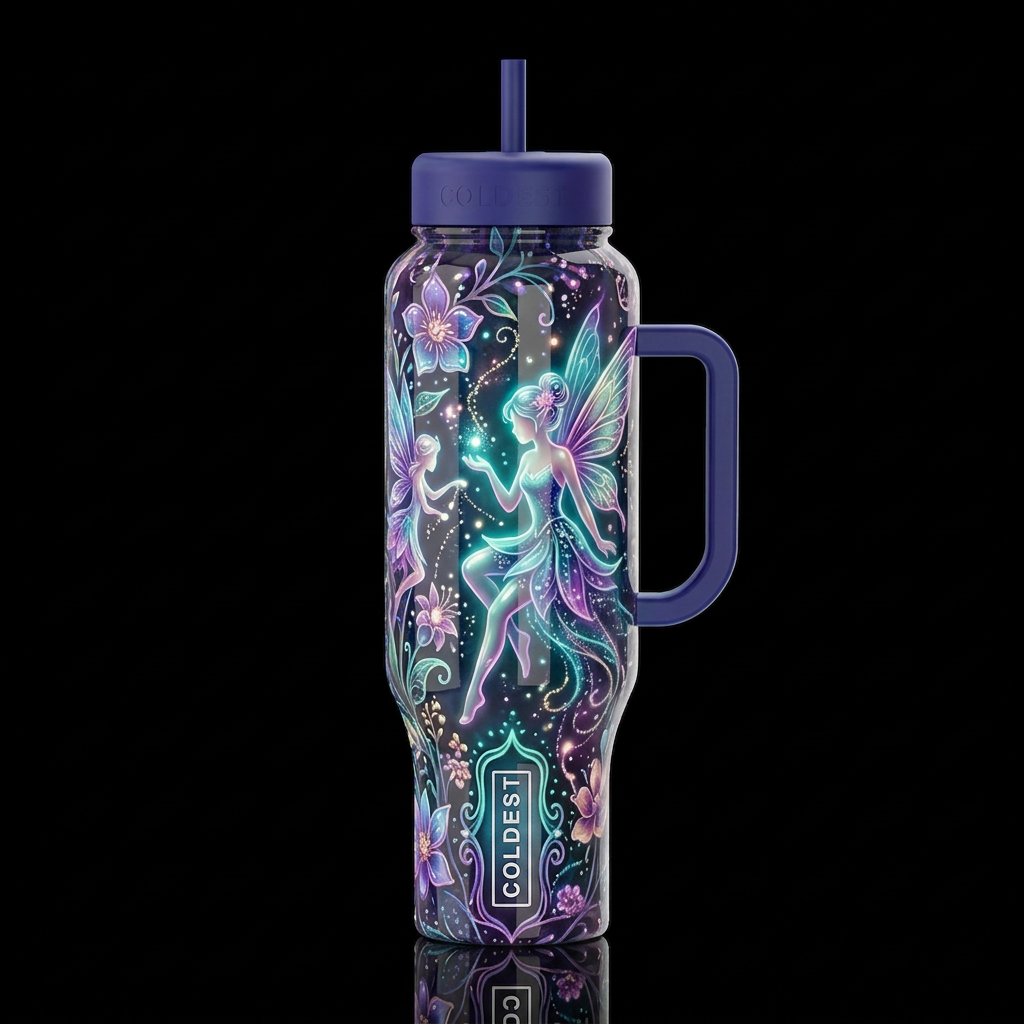 Whimsical batik faeries, glossy, glowie, trompe-l'... water bottle design