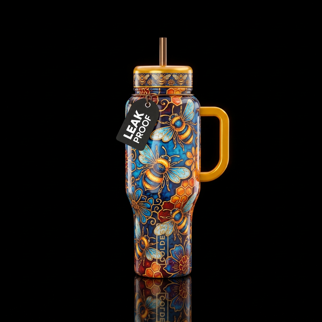 Batik whimsical bumblebees,glossy, glowie, trompe-... water bottle design