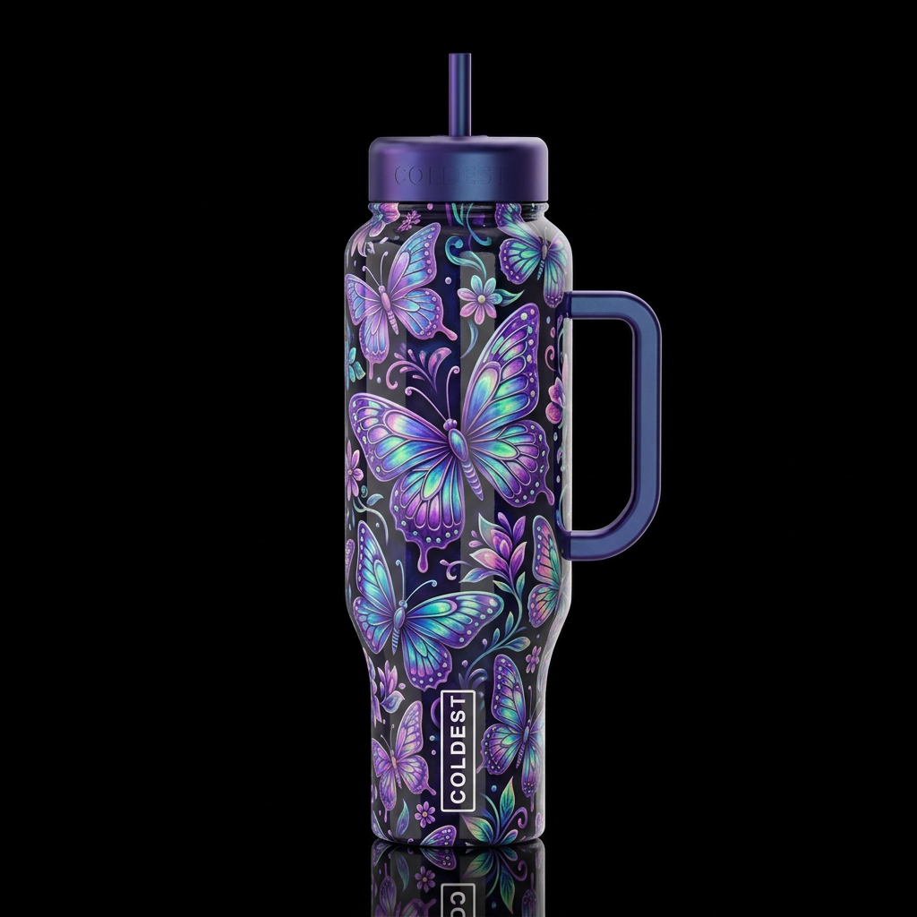 Whimsical batik butterflies, Glossy, glowie,trompe... water bottle design