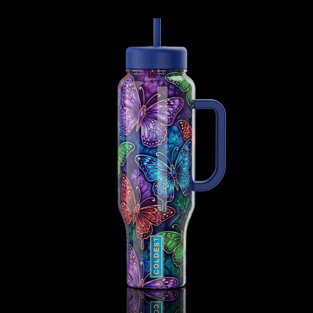 Whimsical batik butterflies, Glossy, glowie,trompe... water bottle design