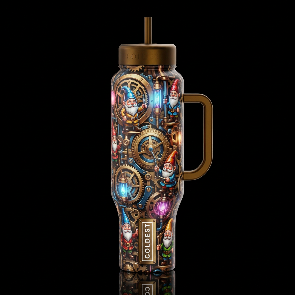 Clockwork gnomes, glossy, glowie, trompe-l'œil, be... water bottle design