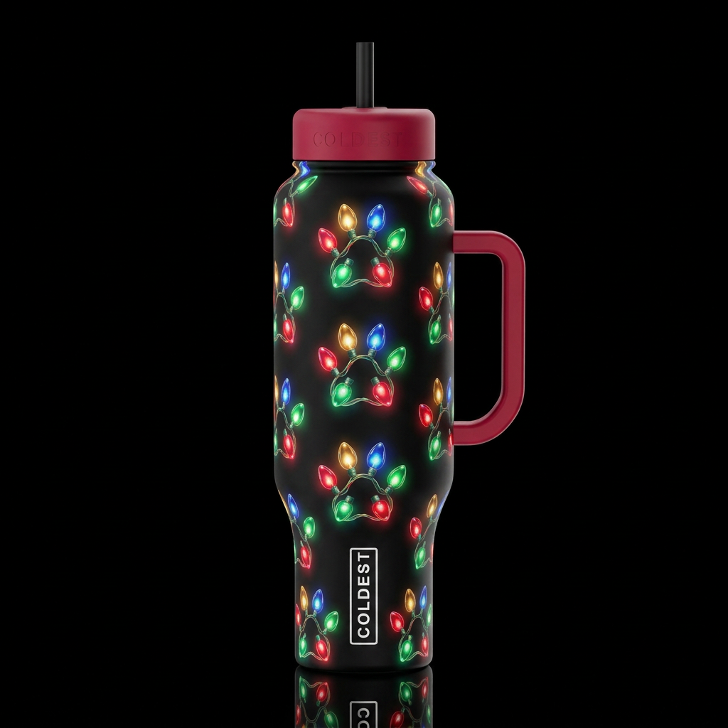 Christmas light pawprints,glossy, glowie, trompe-l... water bottle design