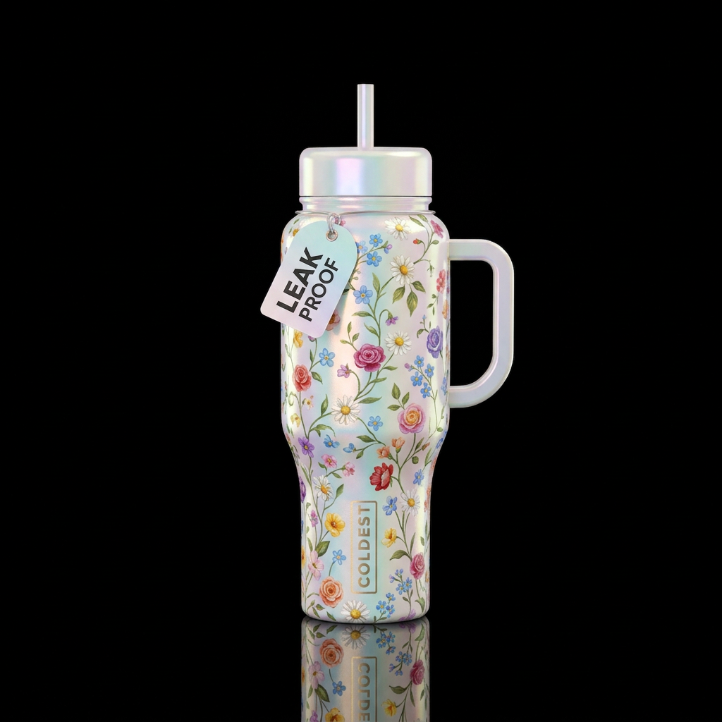 Colorful vine of small flowers, glossy, trompe-l'œ... water bottle design