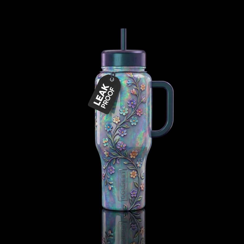 Colorful vine of small flowers, glossy, trompe-l'œ... water bottle design