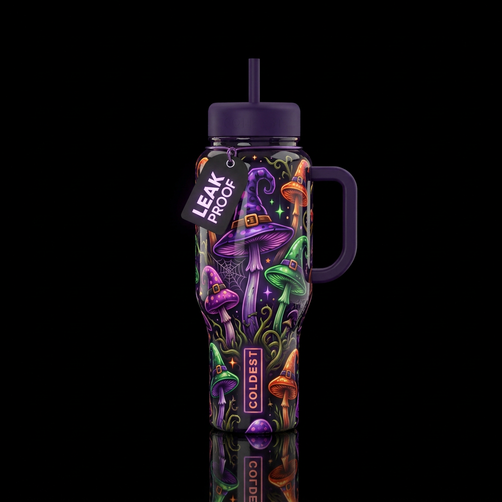 Witch hat mushrooms, glossy, glowie,trompe-l'œil, ... water bottle design