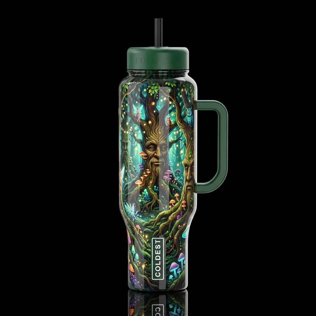 Treefolk forest,whimsical, glossy, glowie, trompe-... water bottle design