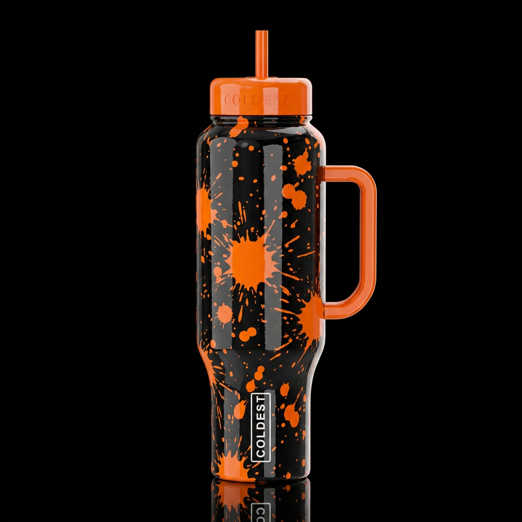Aggressive glossy black with orange splats all ove... water bottle design