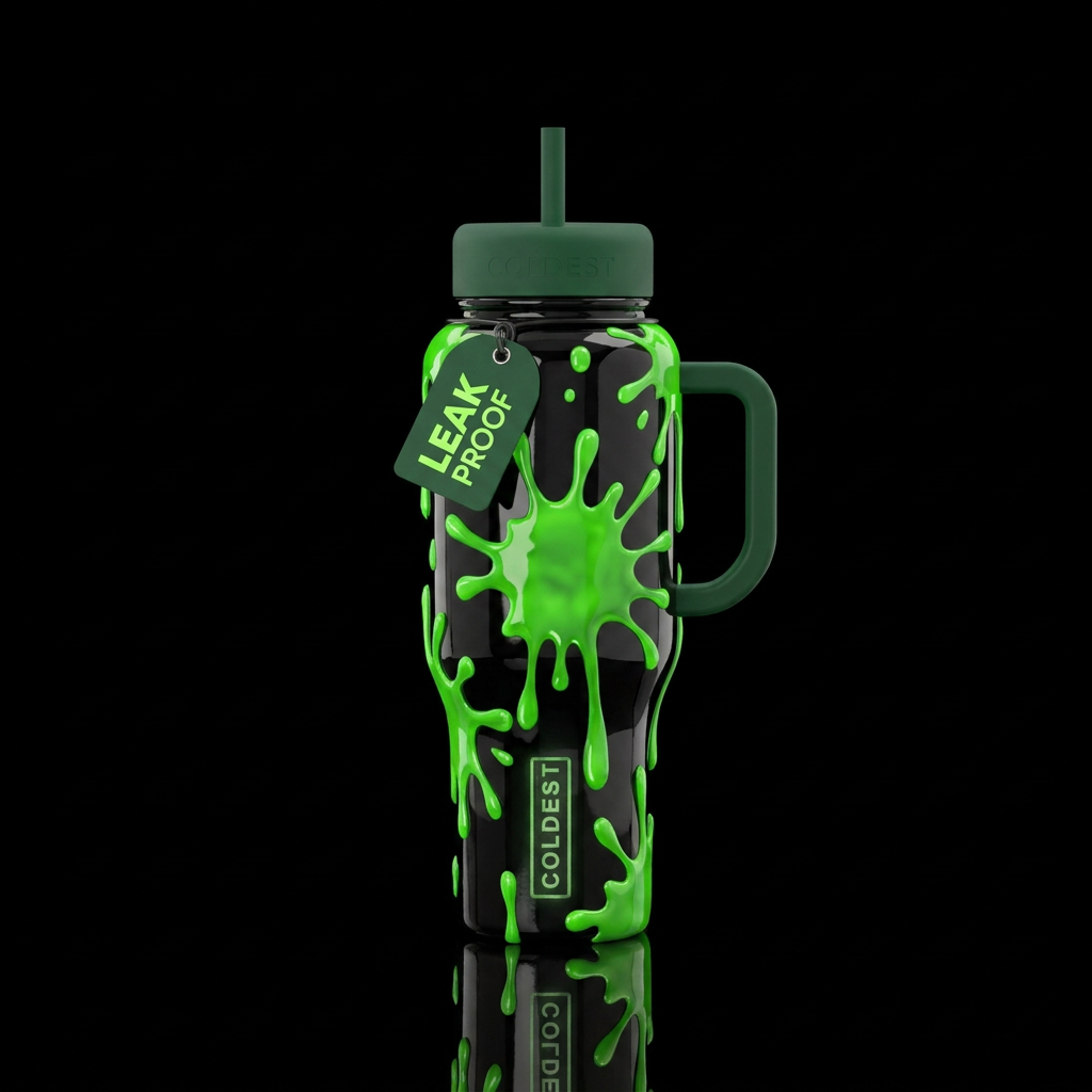 Aggressive glossy black with green slime splats, g... water bottle design