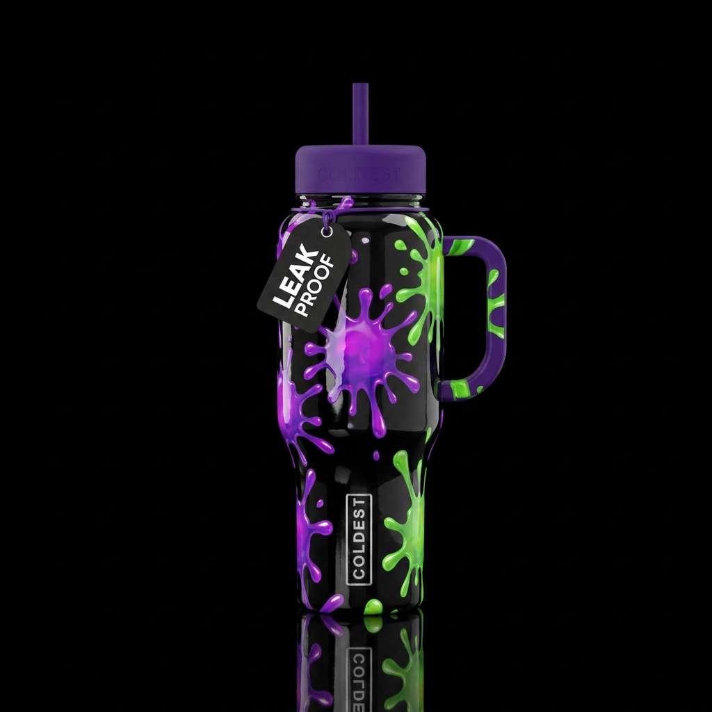 Aggressive glossy black with purple and green  sli... water bottle design
