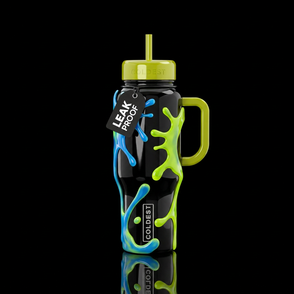 Aggressive glossy black with blue and chartreuse s... water bottle design