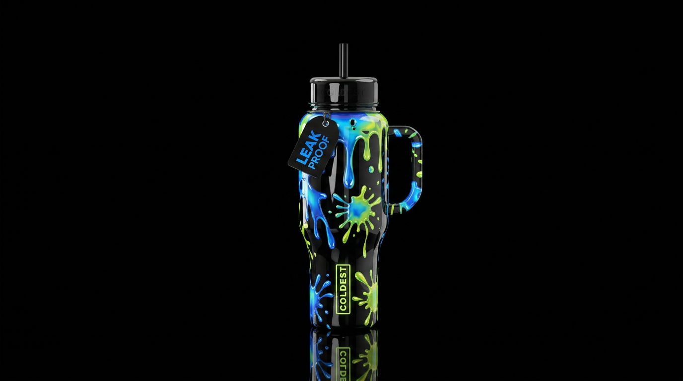 Aggressive glossy black with blue and chartreuse s... water bottle design