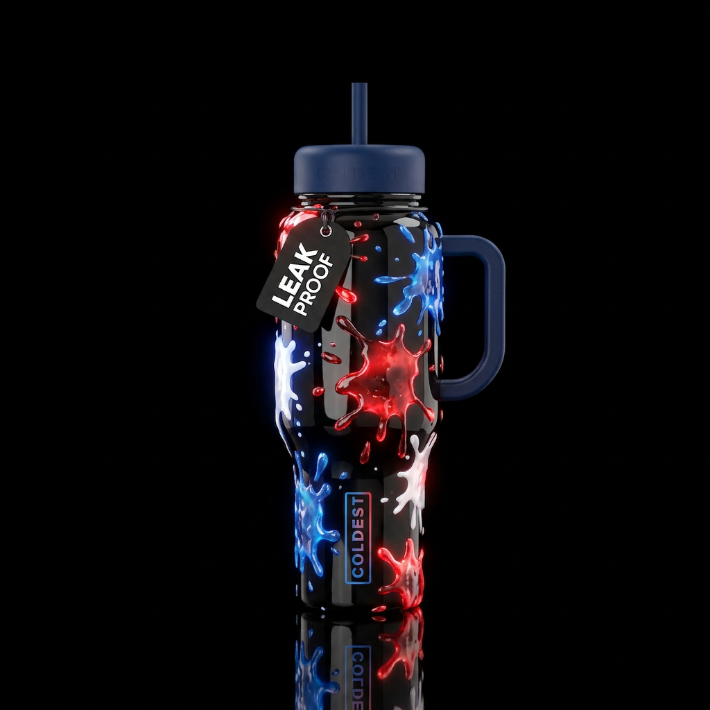 Aggressive glossy black with red white and blue sl... water bottle design