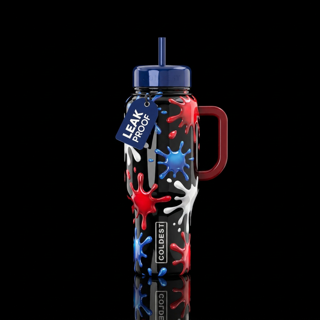Aggressive glossy black with red white and blue sl... water bottle design