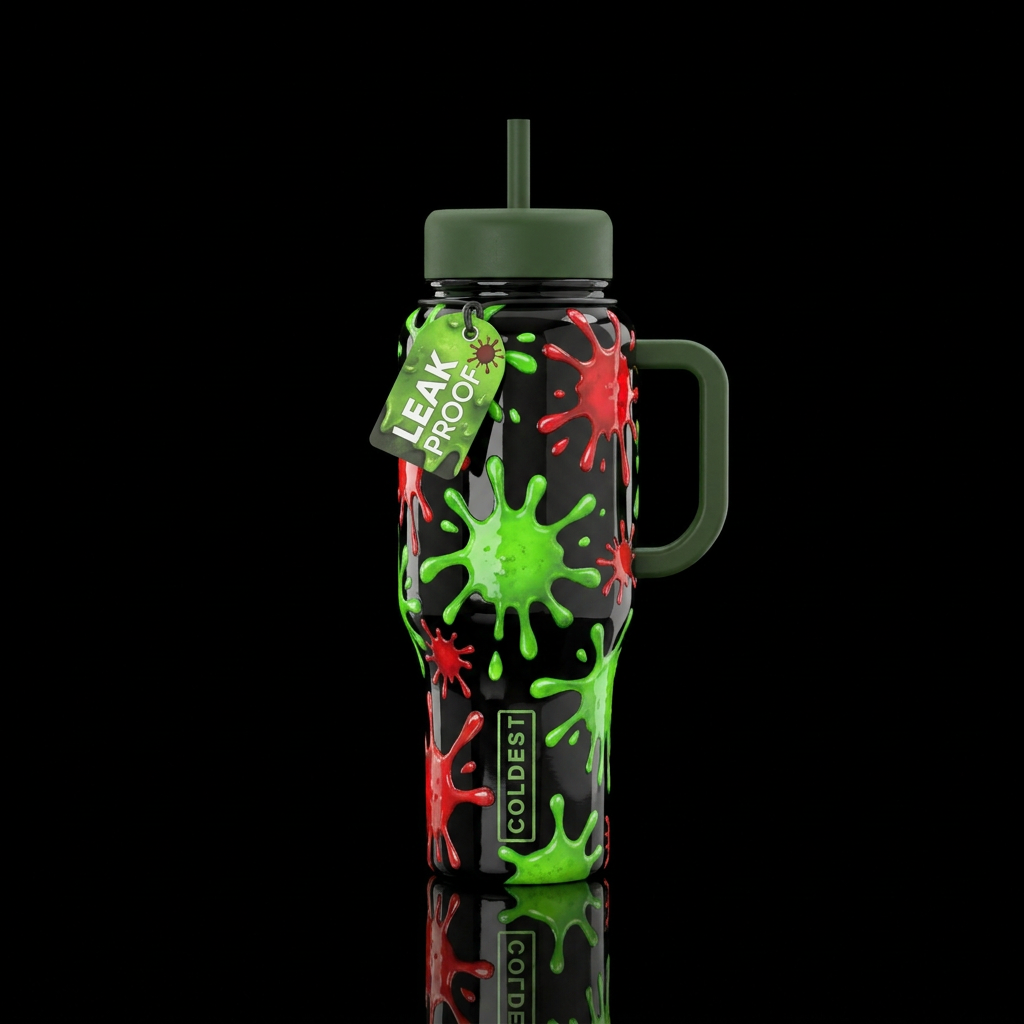 Aggressive glossy black with green and red slime s... water bottle design