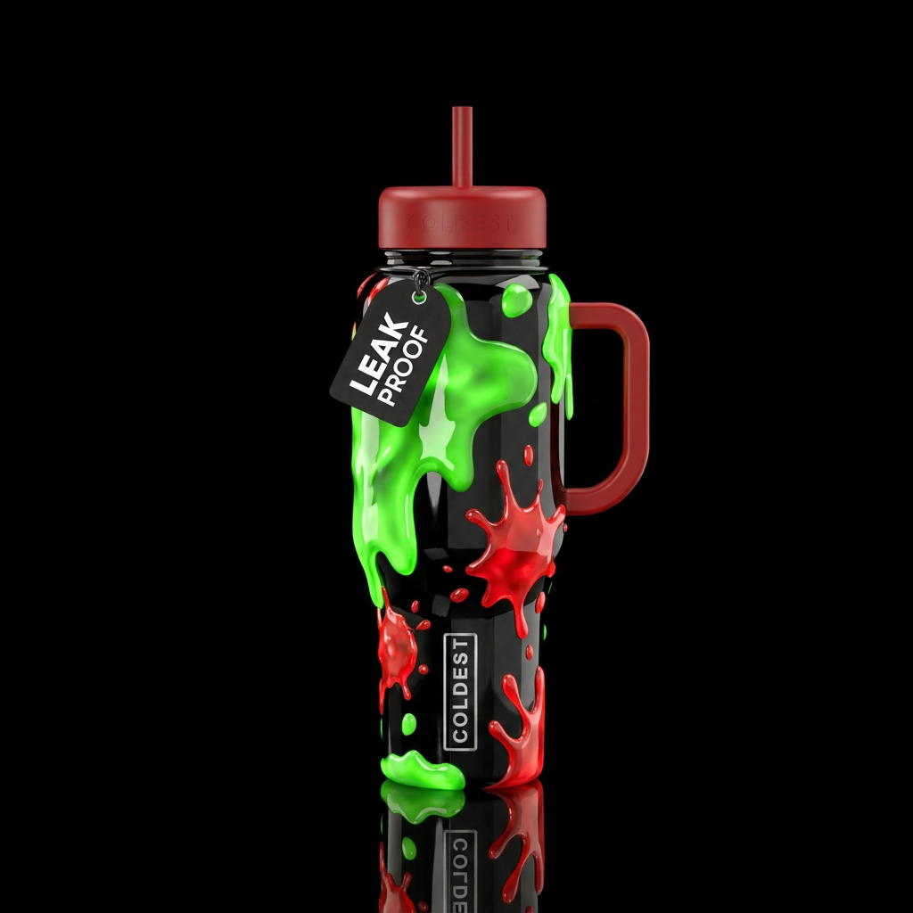 Aggressive glossy black with green and red slime s... water bottle design