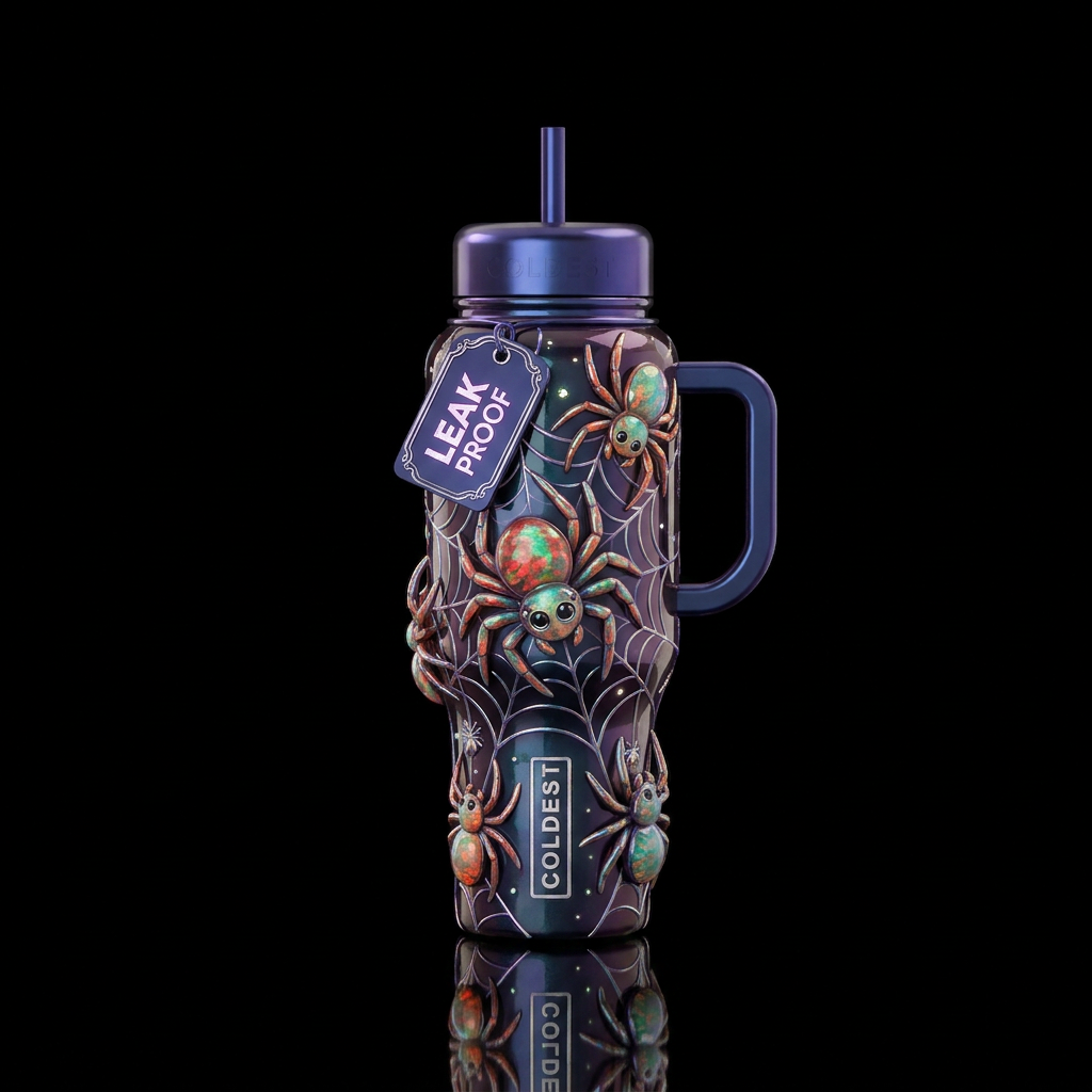 Amolite spiders,whimsical, glossy, glowie, trompe-... water bottle design