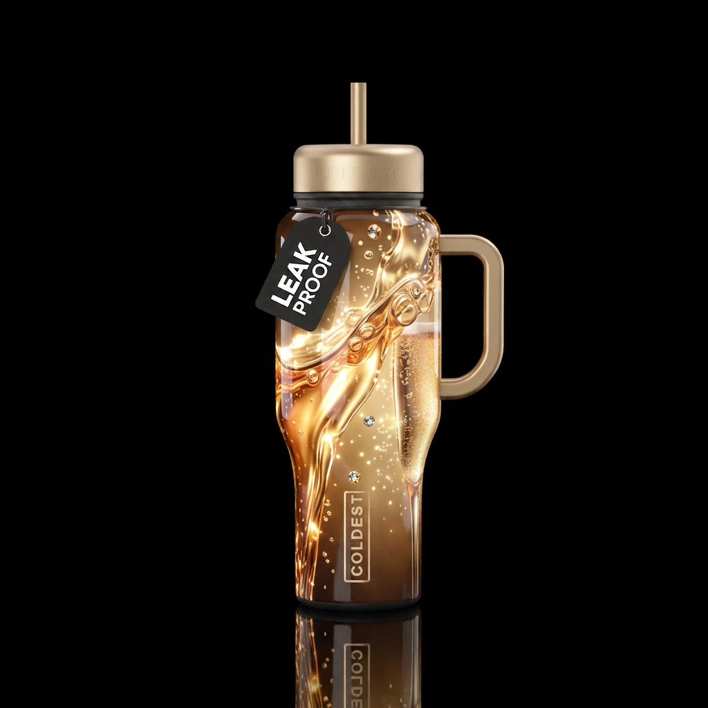 Champagne overflow, glossy, glowie, trompe-l'œil, ... water bottle design