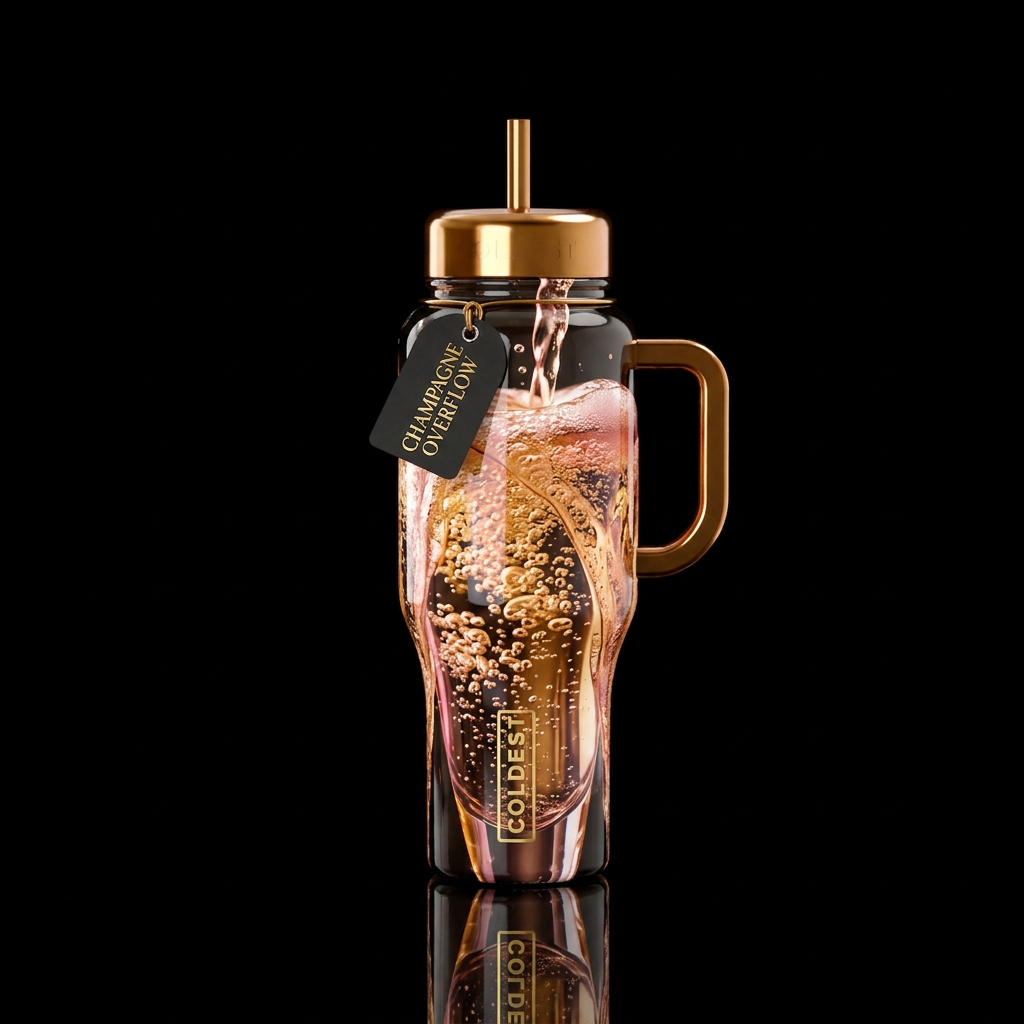 Champagne overflow, glossy, glowie, trompe-l'œil, ... water bottle design