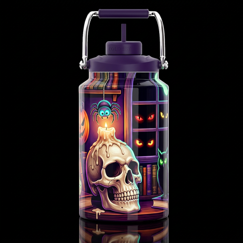 Skeleton head candle holder with wax dripped on it... water bottle design