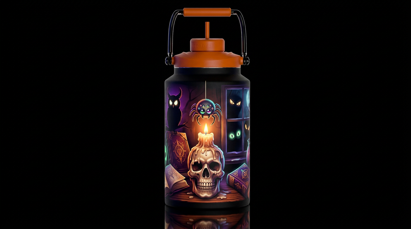 Skeleton head candle holder with wax dripped on it... water bottle design