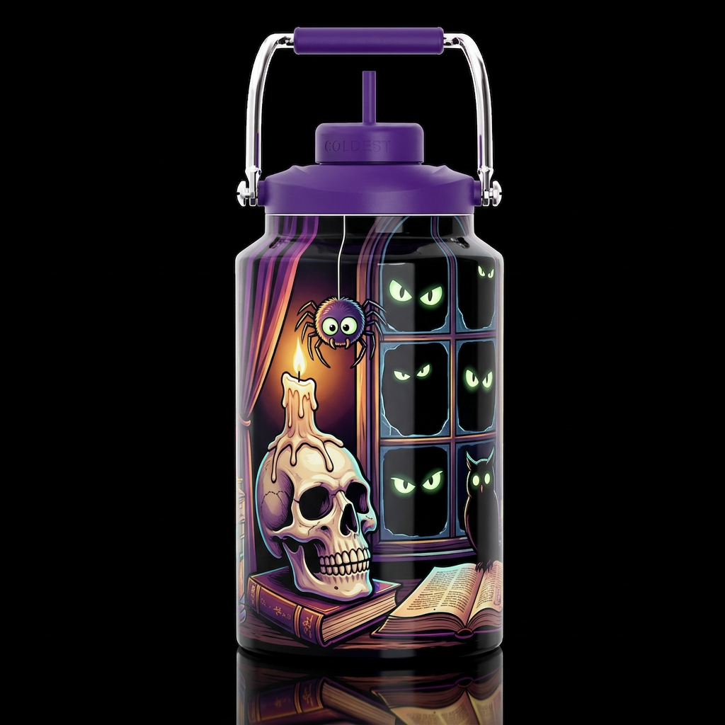 Skeleton head candle holder with wax dripped on it... water bottle design