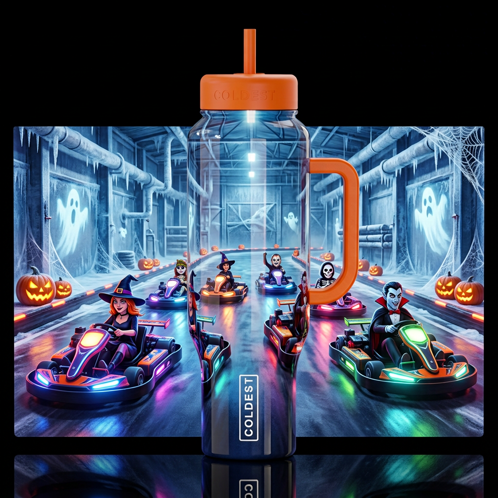 Go kart racing inside coldest warehouse, glossy, g... water bottle design