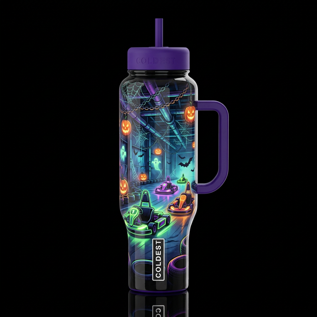 Go kart racing inside coldest warehouse, glossy, g... water bottle design