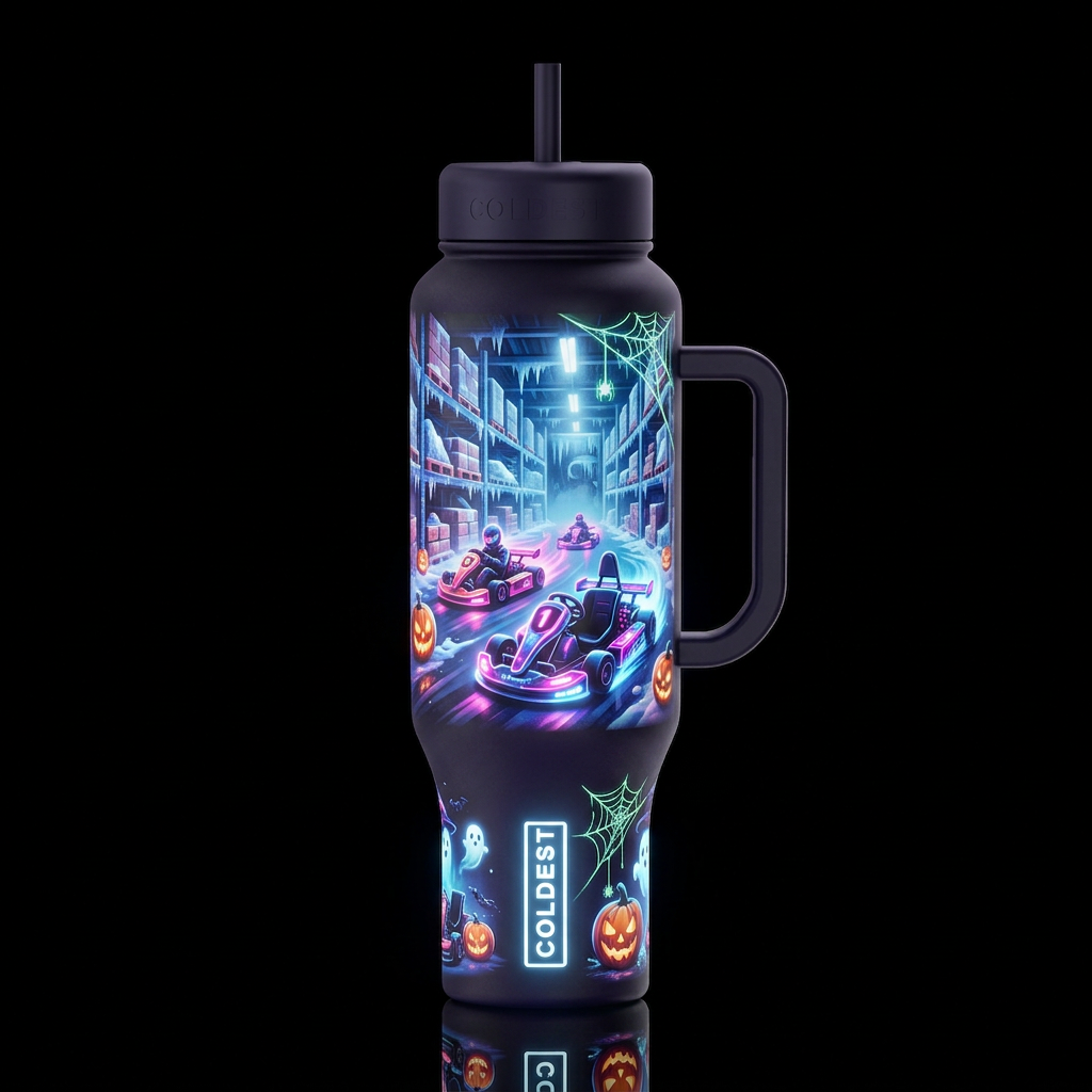 Go kart racing inside coldest warehouse, glossy, g... water bottle design