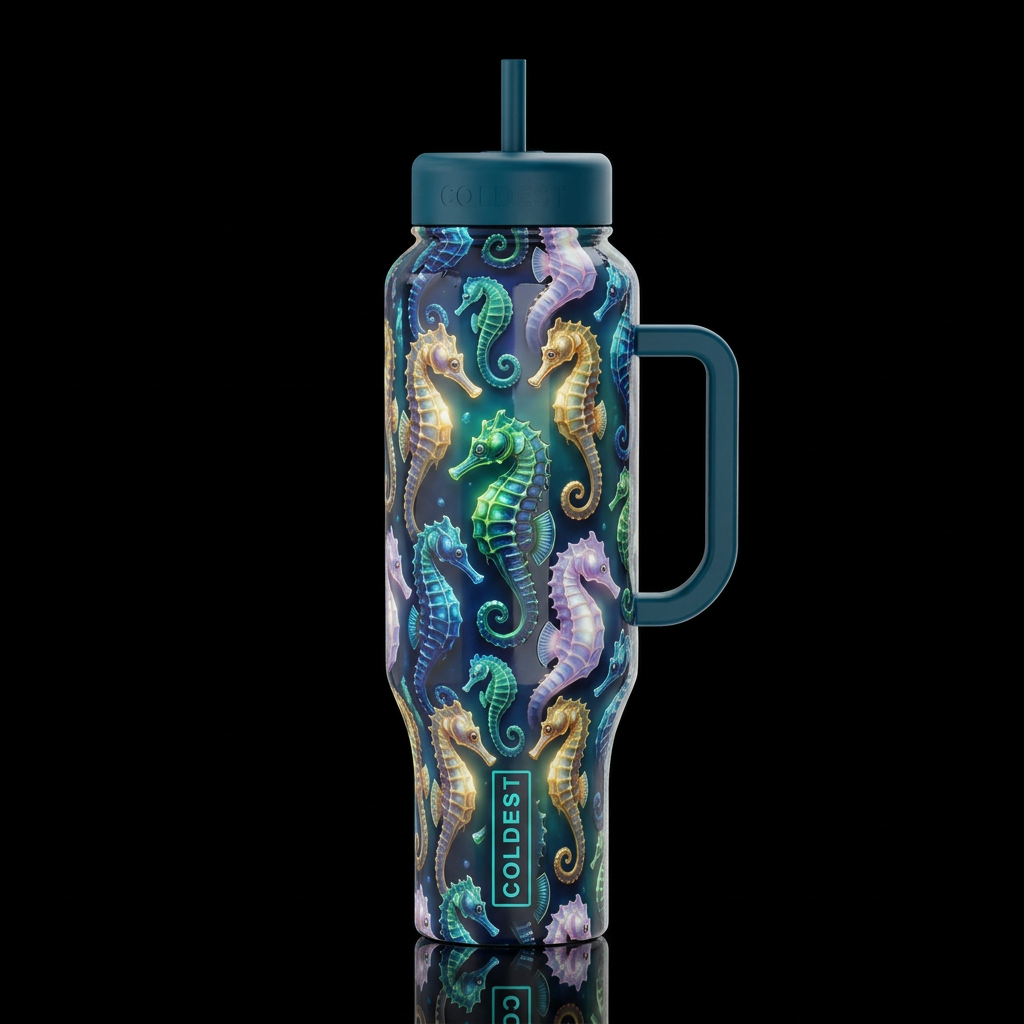 Whimsical seahorses all over bottle, glossy, glowi... water bottle design