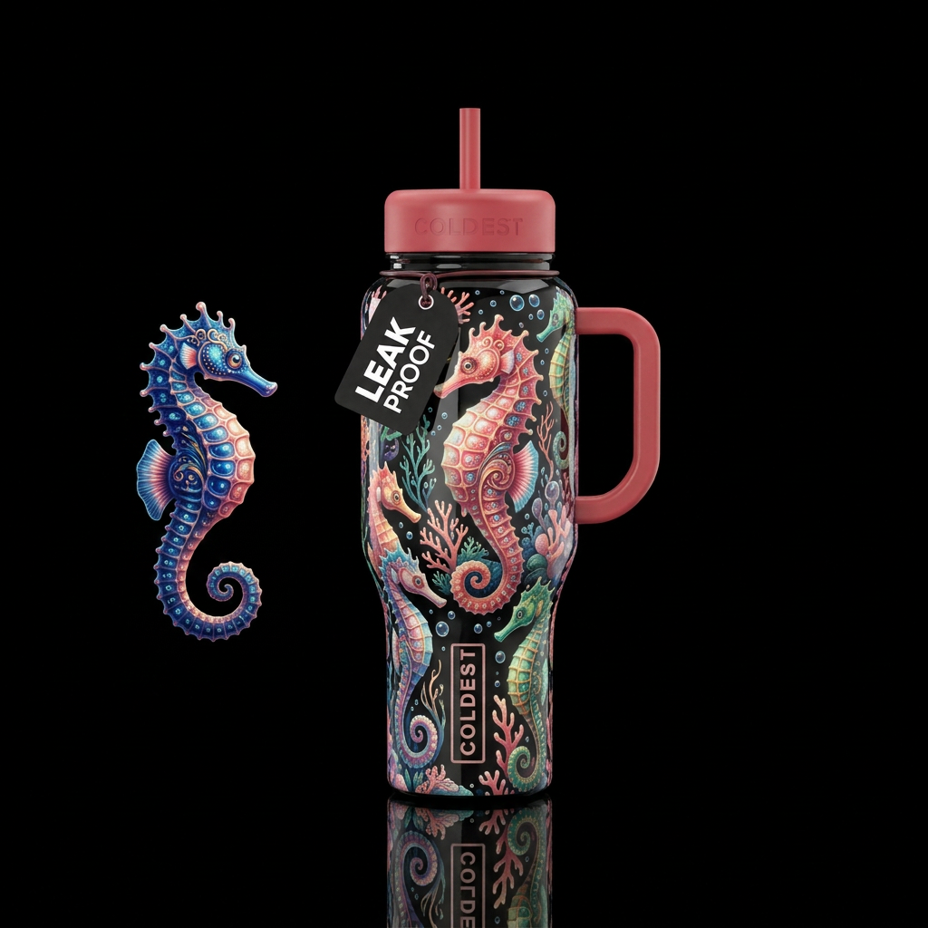 Whimsical gorgeous sea horses all over bottle, glo... water bottle design