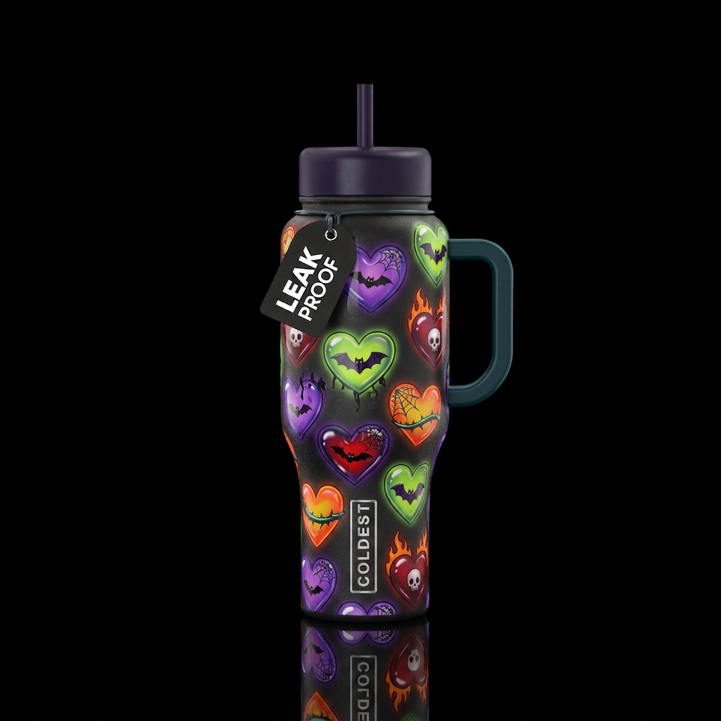 Whimsical gothy Halloween hearts, glossy, glowie, ... water bottle design