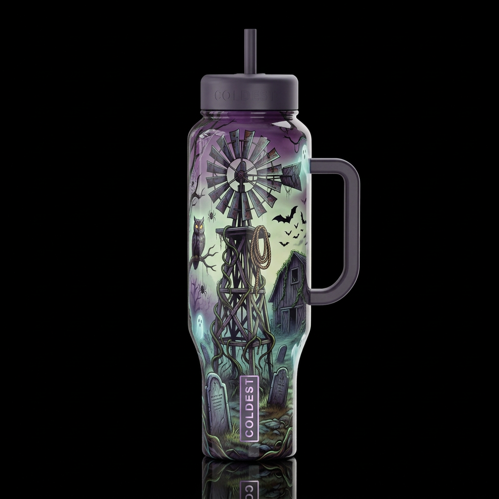 Windmill covered with twisted vines, some old worn... water bottle design