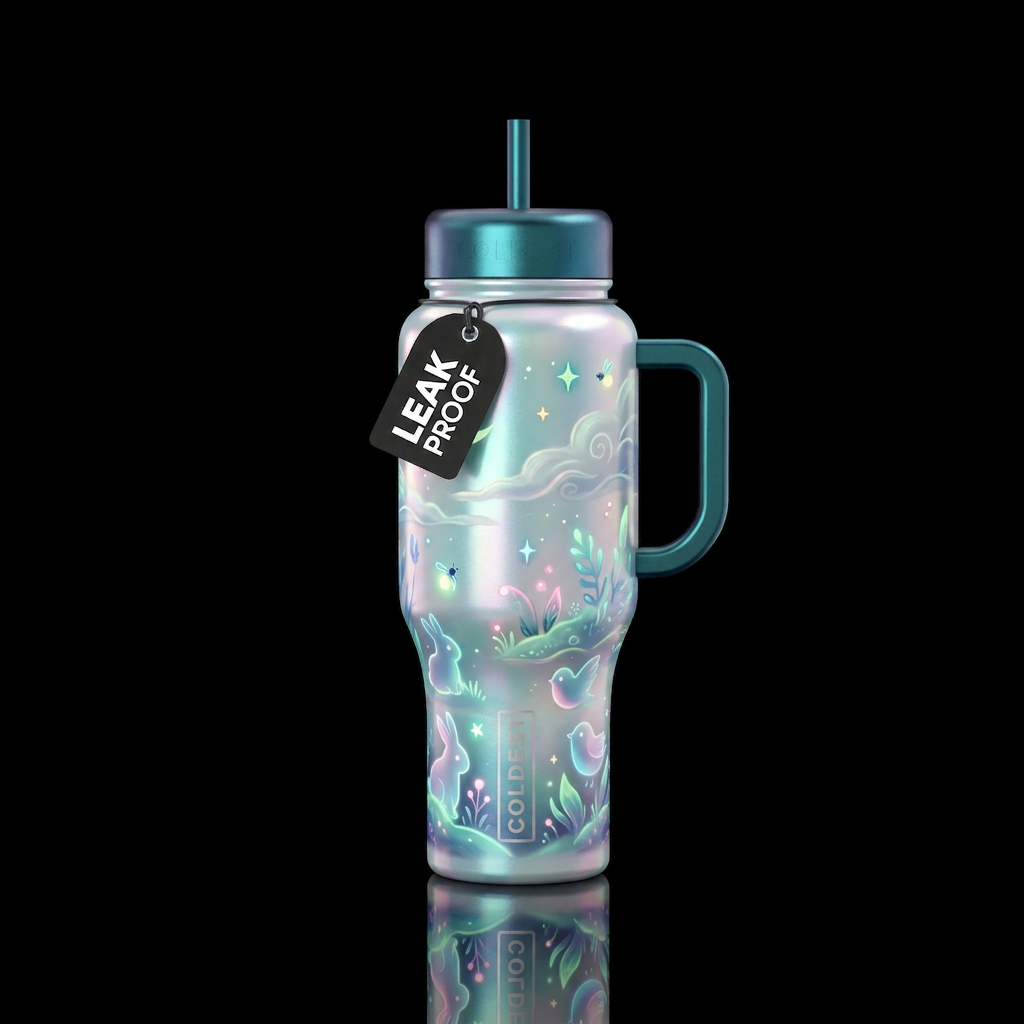 subtle hints, glossy,glowie, whimsical, trompe-l'œ... water bottle design