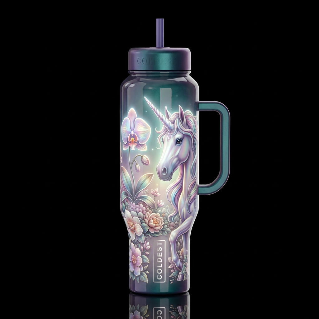 Orchid,  unicorn, whimsical, glossy, glowie, tromp... water bottle design