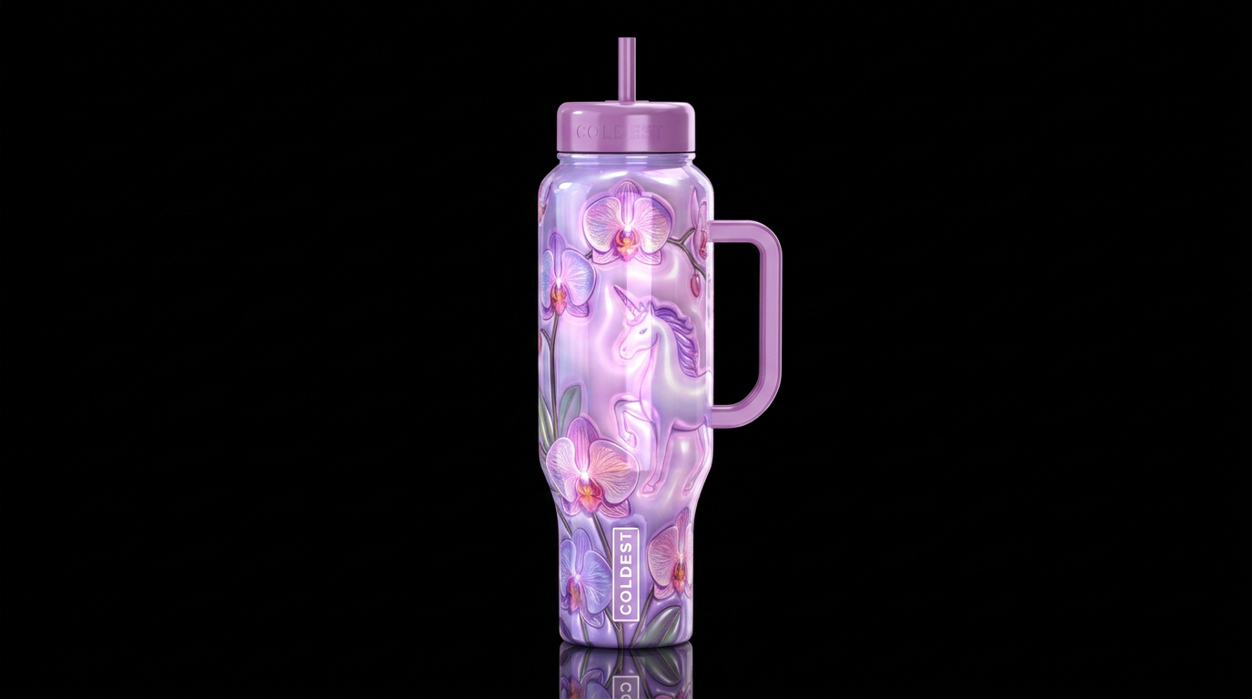 Orchid,  unicorn, whimsical, glossy, glowie, tromp... water bottle design