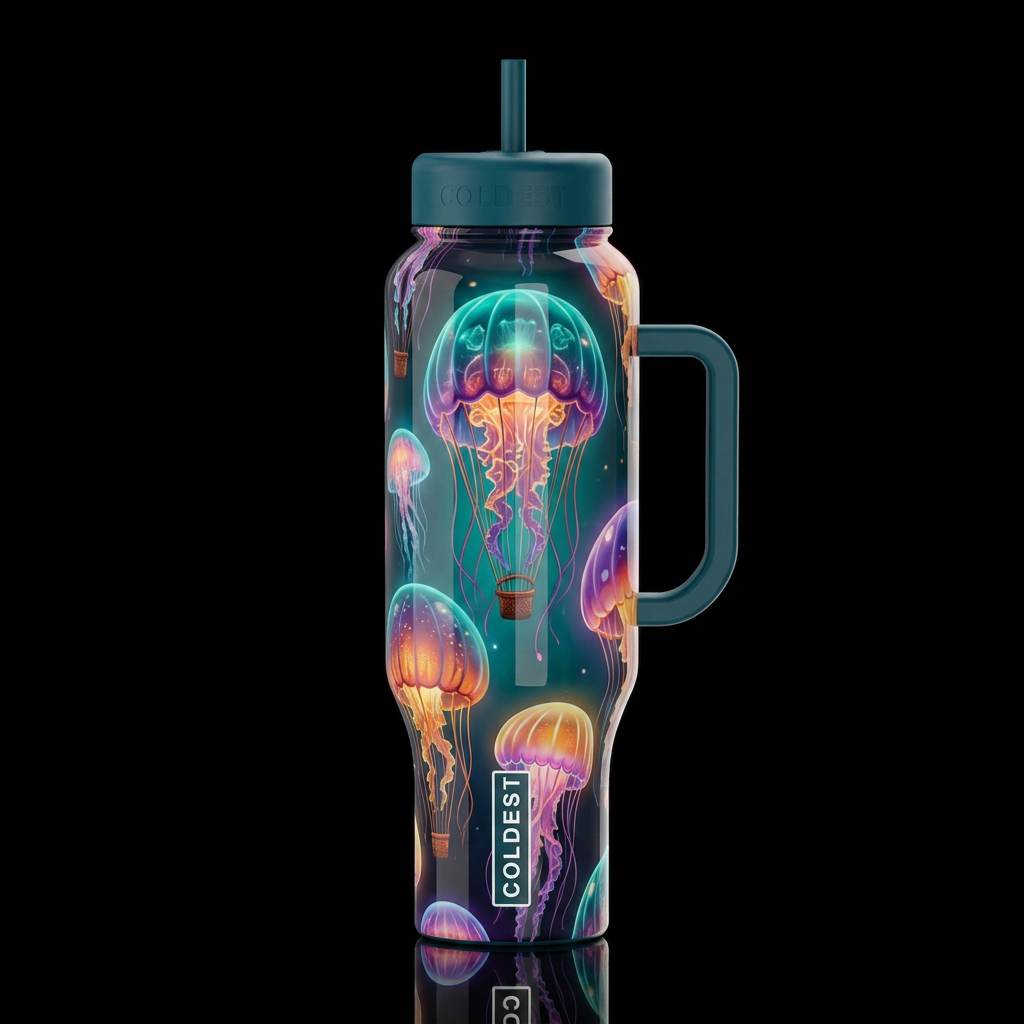 Jellyfish hot air balloons, glossy, glowie, trompe... water bottle design