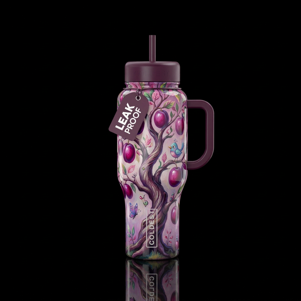 Oil painting of plum tree, glossy, trompe-l'œil, b... water bottle design