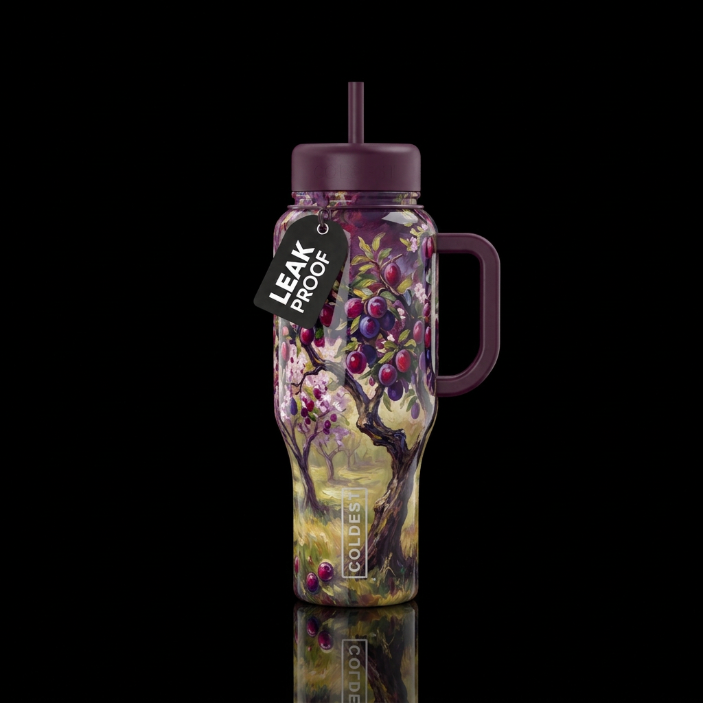 Oil painting plum tree orchard, glossy, trompe-l'œ... water bottle design