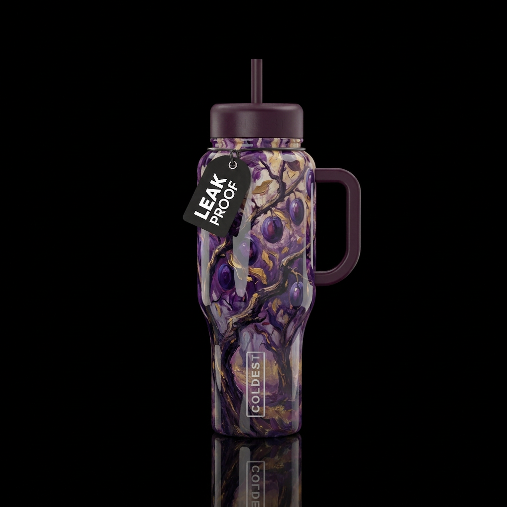 Oil painting plum tree orchard, glossy, trompe-l'œ... water bottle design