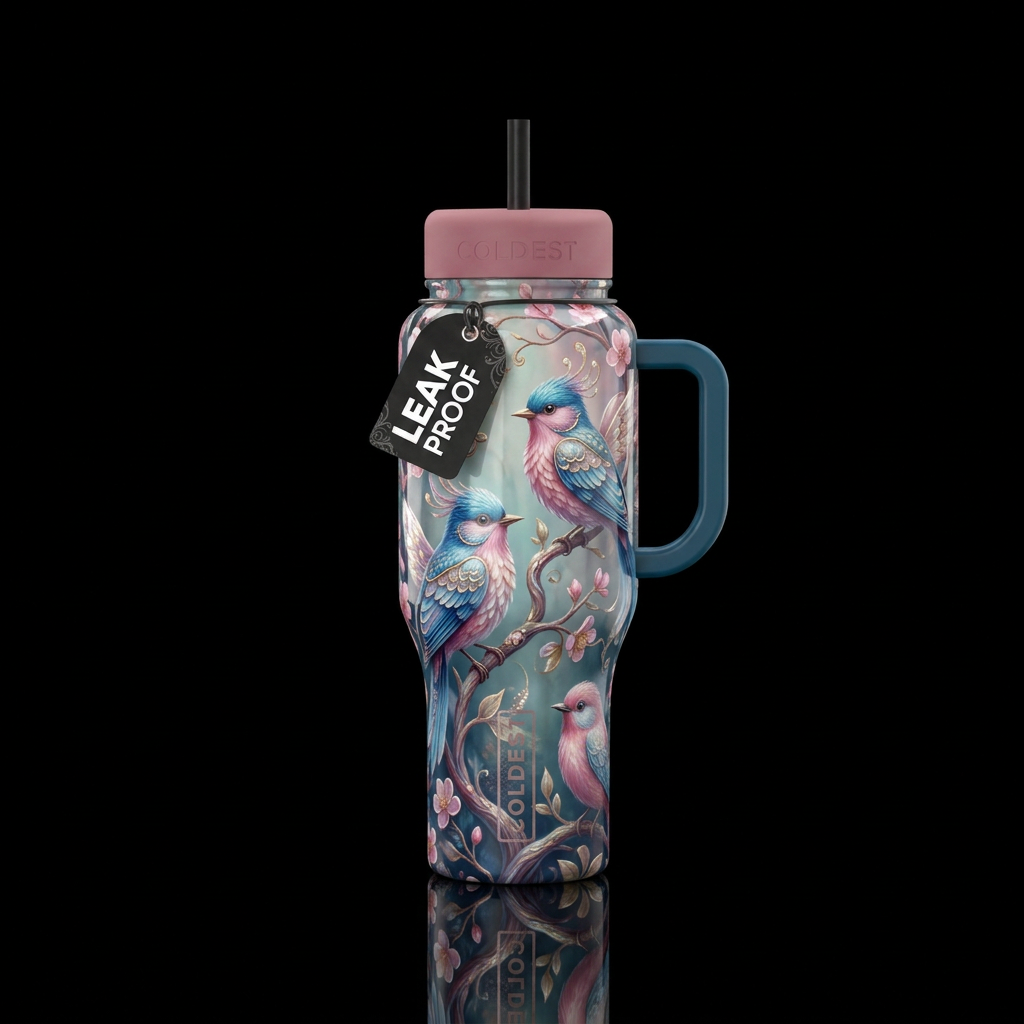 Whimsical blue and pink birds sitting on branches,... water bottle design