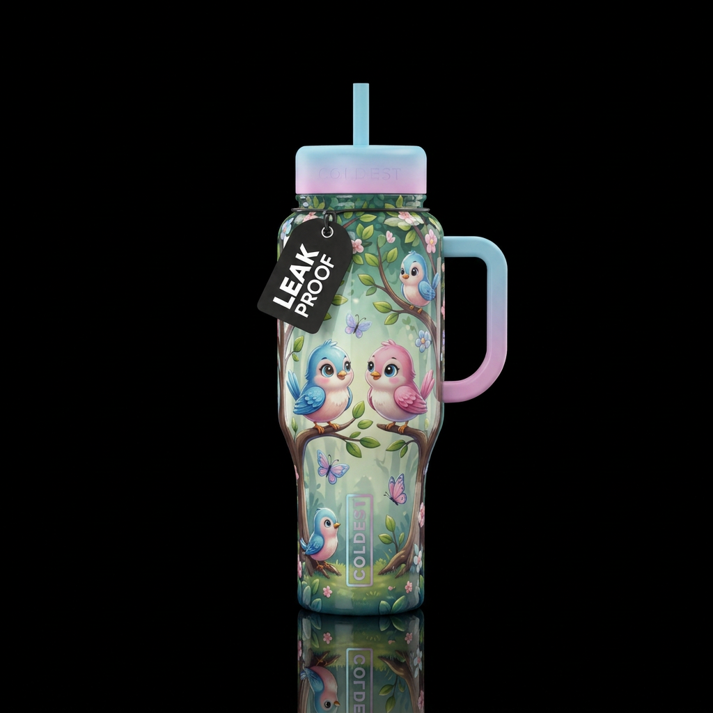 Cute small whimsical blue and pink birds big eyess... water bottle design