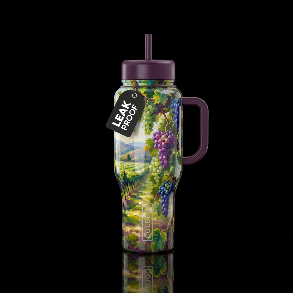 Oil painting of vineyard, glossy, trompe-l'œil, be... water bottle design