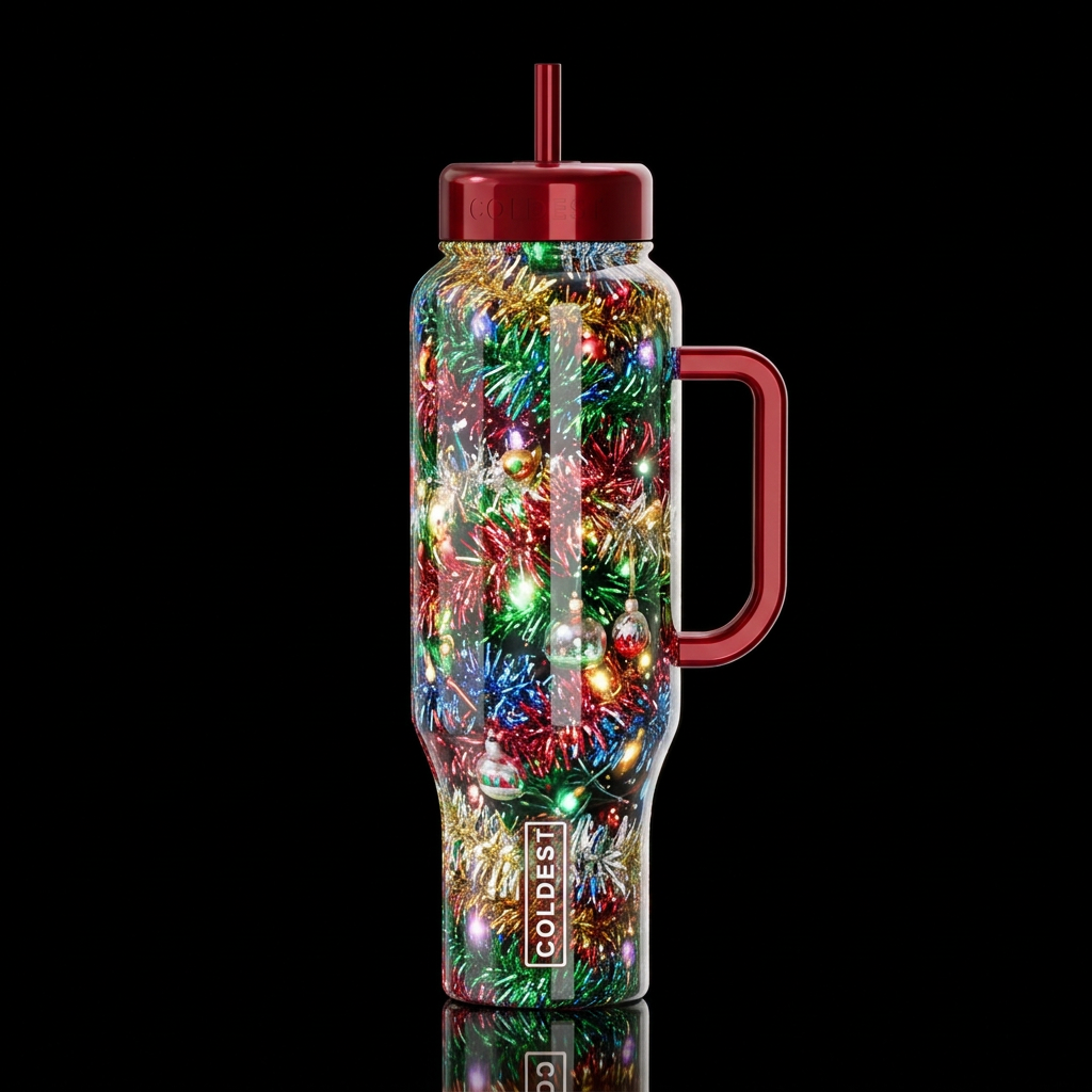 Christmas tinsel, glossy, glowie, trompe-l'œil, be... water bottle design