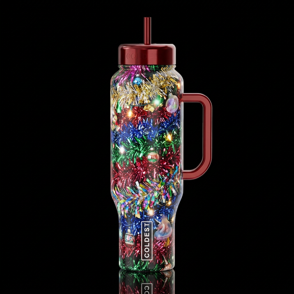 Christmas tinsel, glossy, glowie, trompe-l'œil, be... water bottle design